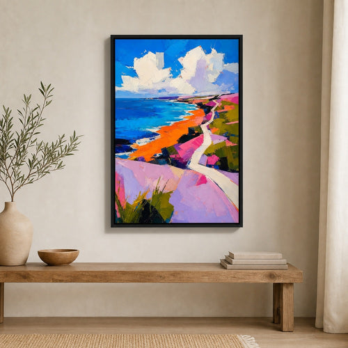 Abstract Coastal Impasto Landscape Floater Frame Canvas Wall Art - coastal wall decor by AUSJOJO