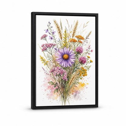 Purple Daisy Wildflower Watercolor Splash Wall Art floating frame wall art - 01_main_white_left_wra