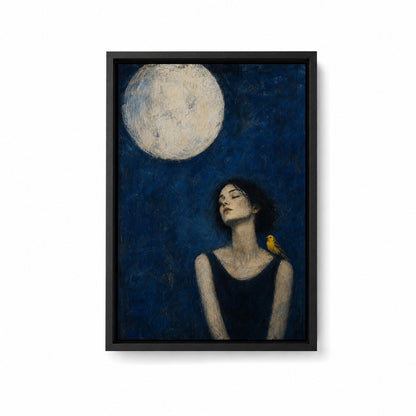 Moonlit Bird Woman Expressionist Wall Art floating frame wall art - 01_main_white_left_wra