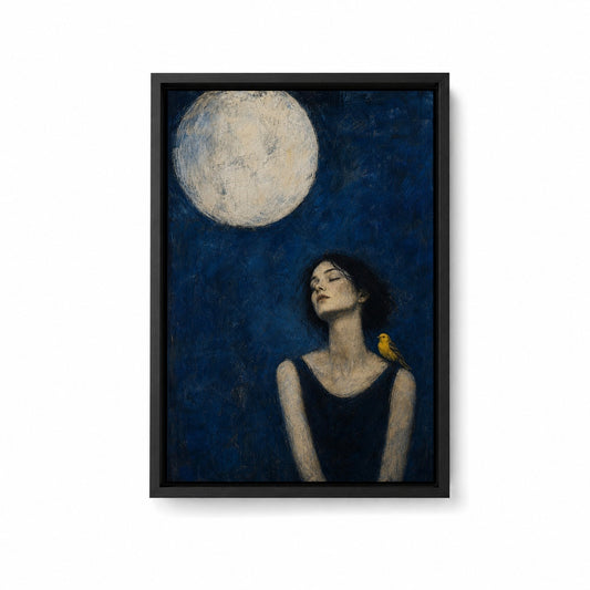 Moonlit Bird Woman Expressionist Floater Frame Canvas Wall Art — main artwork in a floater frame