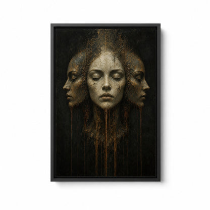 Three Faces Dark Surreal Oil Wall Art floating frame wall art - 01_main_white_left_wra