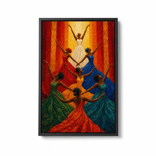 Colorful Women Celebration Dance Floater Frame Canvas Wall Art — main artwork in a floater frame