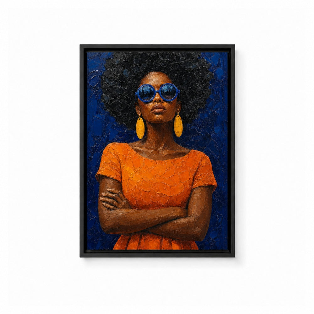 Confident Woman with Blue Sunglasses Floater Frame Canvas Wall Art — main artwork in a floater frame