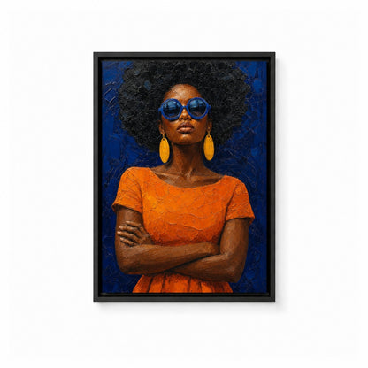 Confident Woman with Blue Sunglasses Floater Frame Canvas Wall Art — main artwork in a floater frame
