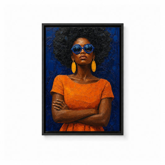Confident Woman with Blue Sunglasses Floater Frame Canvas Wall Art — main artwork in a floater frame