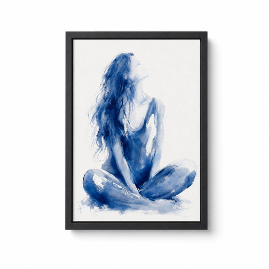 Blue Ink Seated Woman Abstract Floater Frame Canvas Wall Art — main artwork in a floater frame