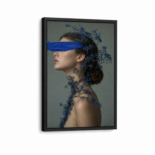 Blue Paint Blindfold Profile Portrait Floater Frame Canvas Wall Art — main artwork in a floater frame