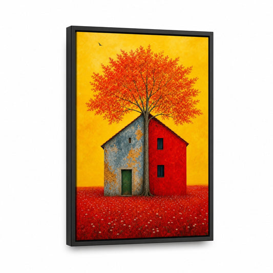 Split House Tree Yellow Sky Floater Frame Canvas Wall Art - canvas wall art by AUSJOJO