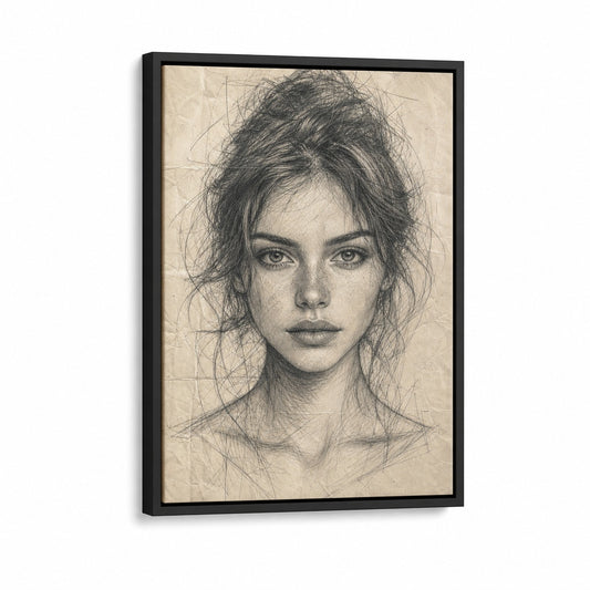 Pencil Front Female Portrait Floater Frame Canvas Wall Art — white-background product view, image 2