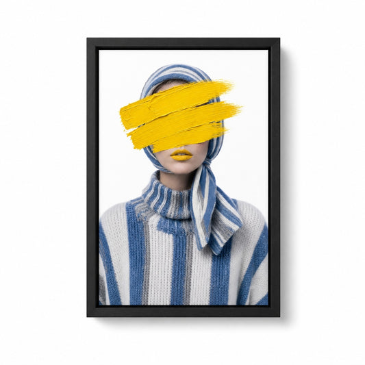Yellow Paint Striped Knit Fashion Portrait Floater Frame Canvas Wall Art — main artwork in a floater frame