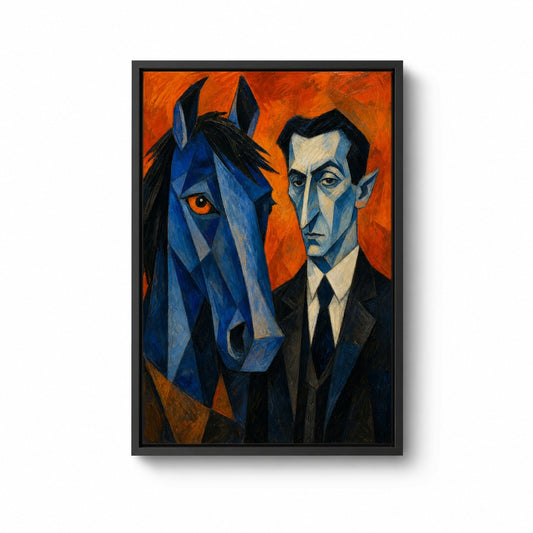 Blue Horse and Suited Man Cubist Floater Frame Canvas Wall Art — main artwork in a floater frame
