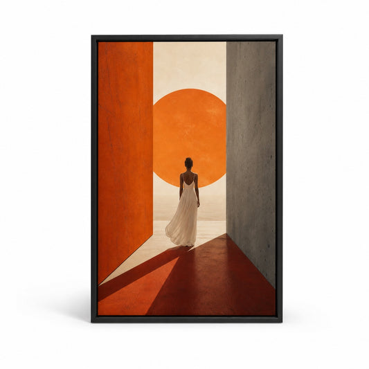 Woman White Dress Orange Sun Corridor Floater Frame Canvas Wall Art - canvas wall art by AUSJOJO
