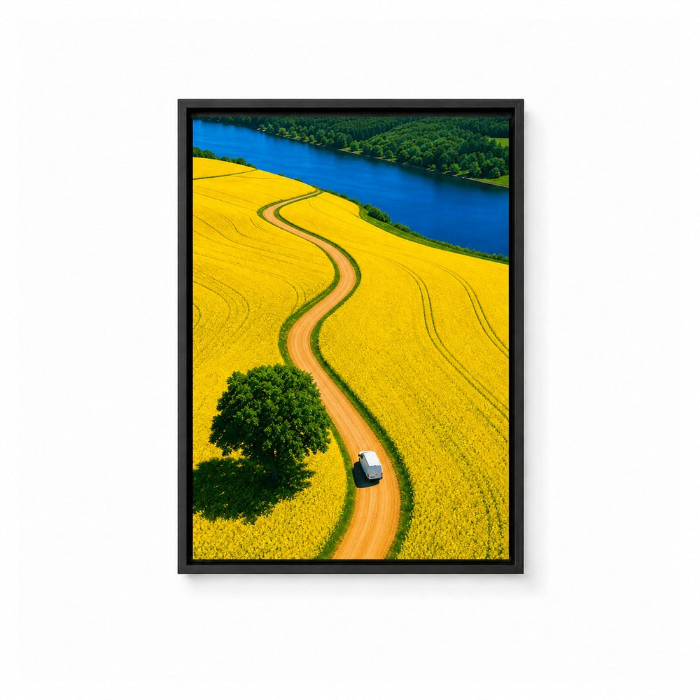 White Van Through Golden Fields Floater Frame Canvas Wall Art — main artwork in a floater frame