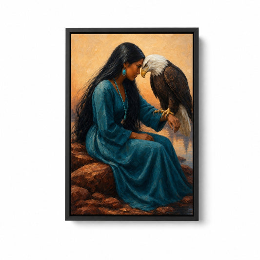 Indigenous Woman and Bald Eagle Floater Frame Canvas Wall Art — main artwork in a floater frame