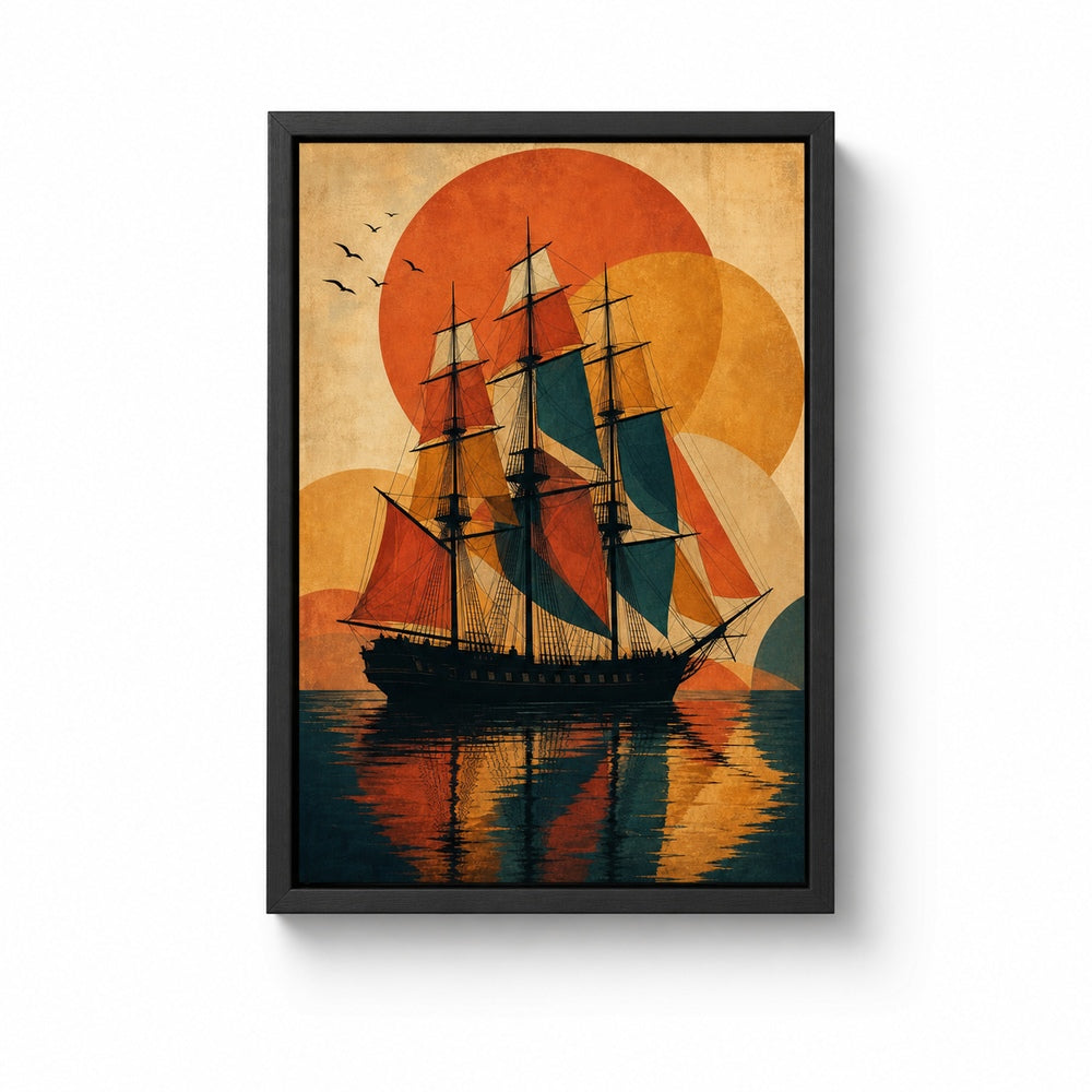 Black Three Mast Ship Retro Vector Floater Frame Canvas Wall Art - canvas wall art by AUSJOJO