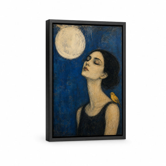 Moon Bird Woman Expressionist Portrait Floater Frame Canvas Wall Art — main artwork in a floater frame