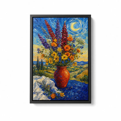 Post Impressionist Flower Vase Blue Tablecloth Wall Art floating frame wall art - 01_main_white_left_wra