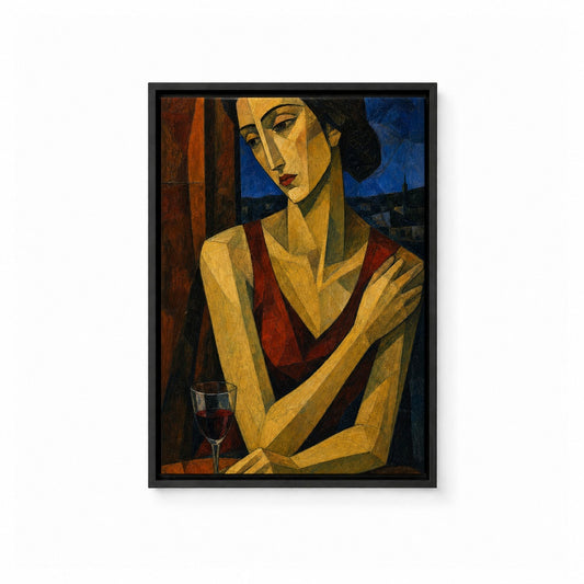 Cubist Woman with Wine Glass Floater Frame Canvas Wall Art — main artwork in a floater frame