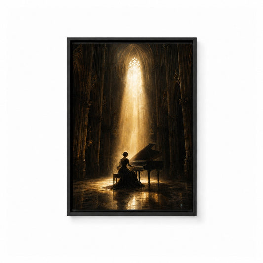 Cathedral Pianist Golden Light Floater Frame Canvas Wall Art — main artwork in a floater frame