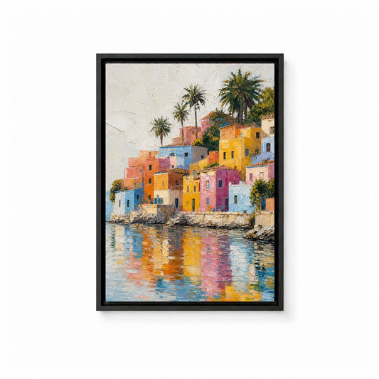 Colorful Mediterranean Coastal Village Floater Frame Canvas Wall Art — main artwork in a floater frame