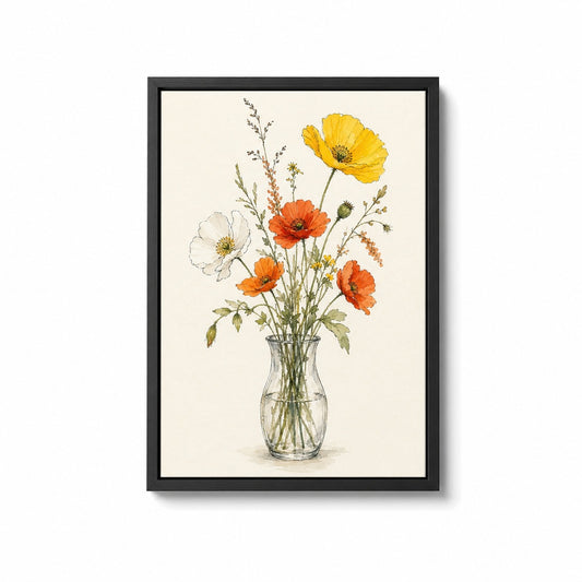 Wildflowers Glass Vase Minimal Watercolor Floater Frame Canvas Wall Art - floral wall decor by JOJOShop