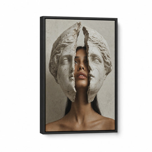 Cracked Marble Mask Fashion Portrait Floater Frame Canvas Wall Art — main artwork in a floater frame