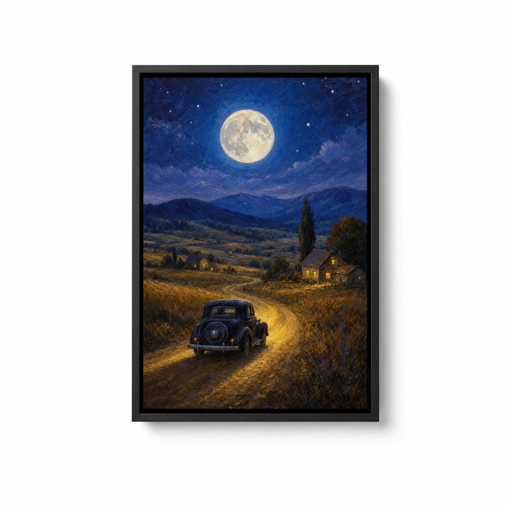 Country Night Full Moon Vintage Car Floater Frame Canvas Wall Art - canvas wall art by AUSJOJO