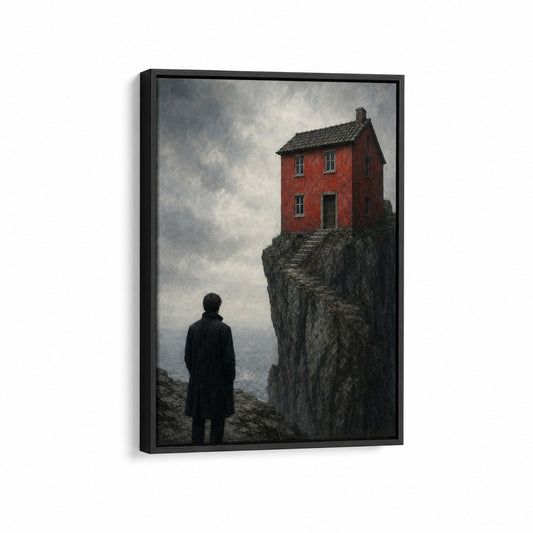 Red House Cliff Black Coat Figure Floater Frame Canvas Wall Art - canvas wall art by AUSJOJO