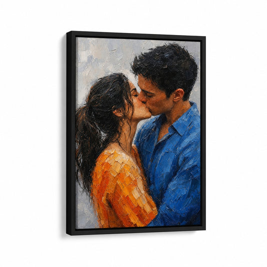 Kissing Couple Orange Blue Impasto Floater Frame Canvas Wall Art - canvas wall art by AUSJOJO