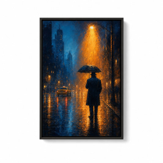 Rainy Night Umbrella Walker Floater Frame Canvas Wall Art — main artwork in a floater frame