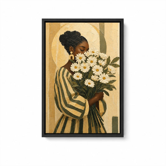 Black Woman Daisies Earthtone Floater Frame Canvas Wall Art - canvas wall art by AUSJOJO