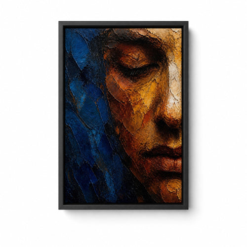 Abstract Impasto Face Blue Ochre Floater Frame Canvas Wall Art — white-background product view, image 2