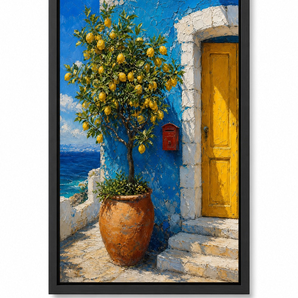 Mediterranean Blue House Lemon Tree Wall Art floating frame wall art - 01_main_white_left_wra