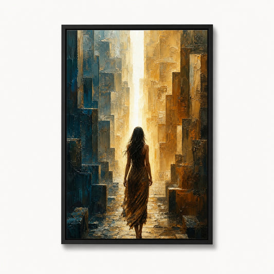 Woman Walking To Vertical Light Maze Floater Frame Canvas Wall Art - canvas wall art by AUSJOJO