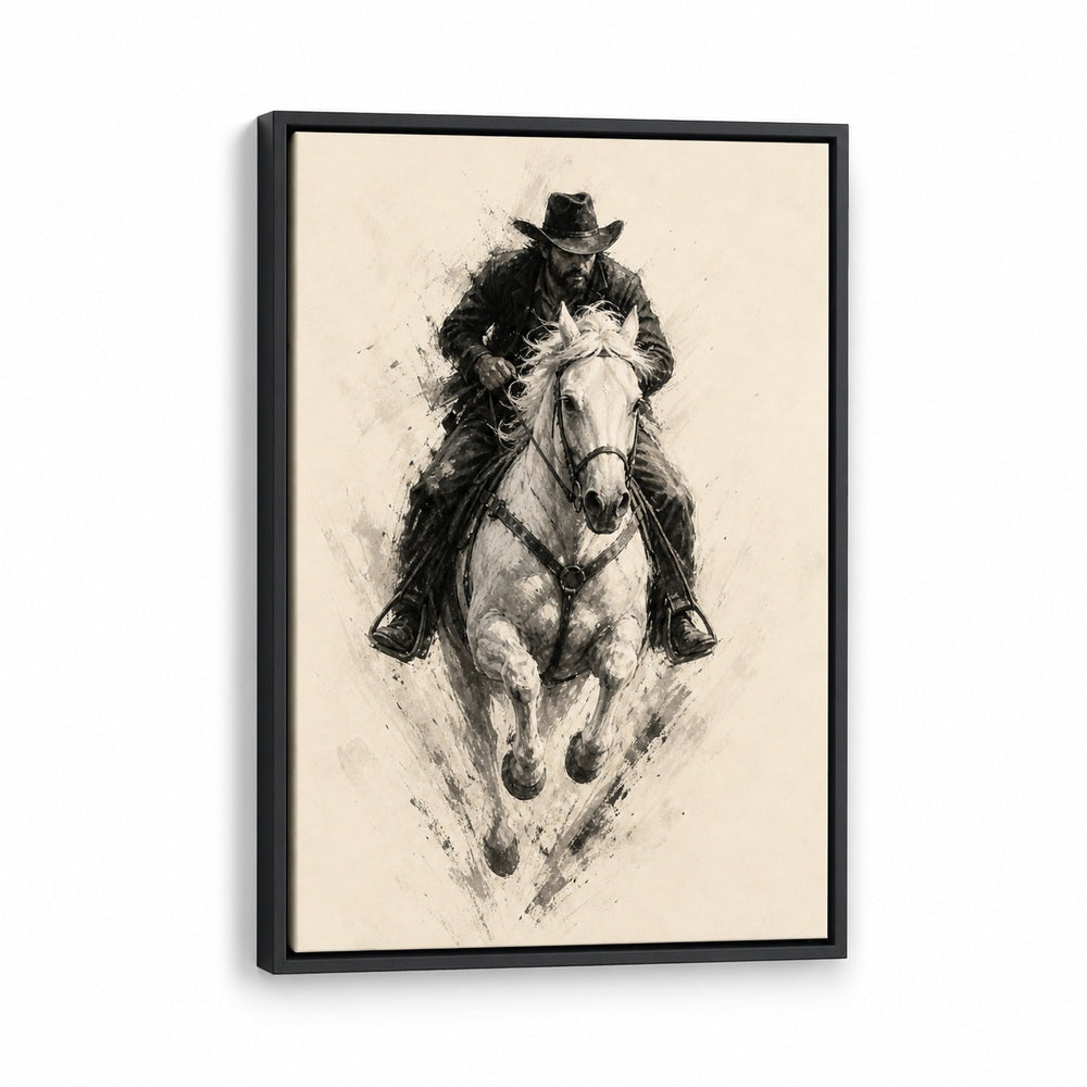 Minimal Black White Cowboy Horse Wall Art floating frame wall art - 01_main_white_left_wra