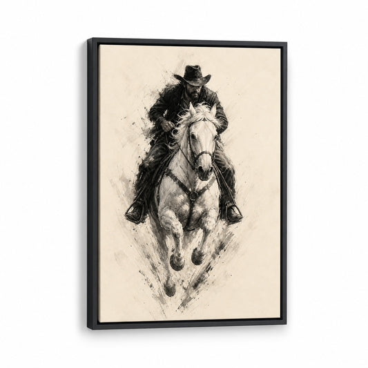 Minimal Black White Cowboy Horse Wall Art floating frame wall art - 01_main_white_left_wra
