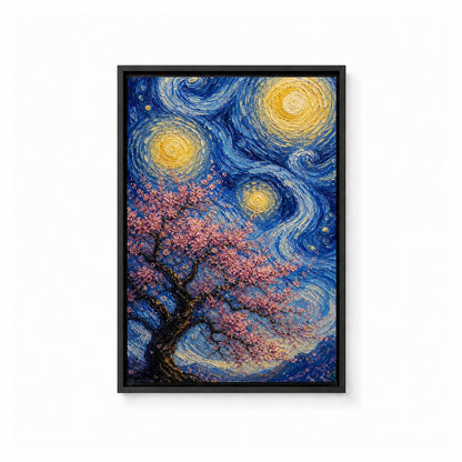 Pink Cherry Blossom Swirling Night Floater Frame Canvas Wall Art — main artwork in a floater frame