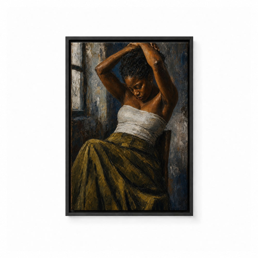Contemplative Seated Woman Floater Frame Canvas Wall Art — main artwork in a floater frame