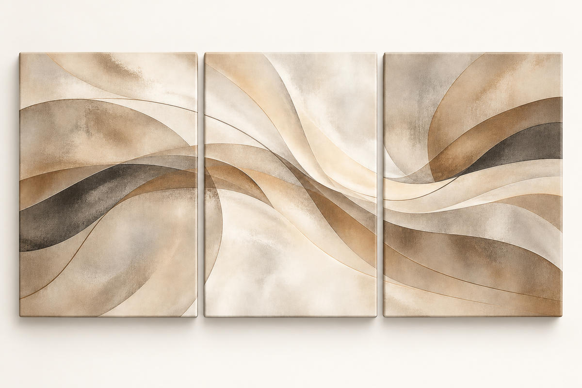 Warm Neutral Sweeping Forms Abstract Triptych Wrapped Canvas Wall Art - 01_main_wrapped_canvas_triptych