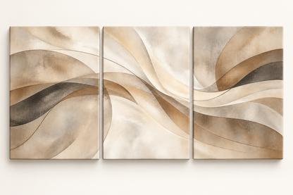 Warm Neutral Sweeping Forms Abstract Triptych Wrapped Canvas Wall Art - 01_main_wrapped_canvas_triptych