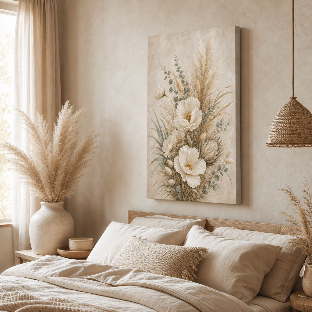 Pampas grass neutral floral canvas wall art in living room