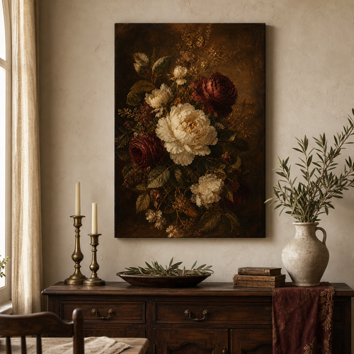 Antique Burgundy Floral Canvas Wall Art – Draft - Dining room wall mockup