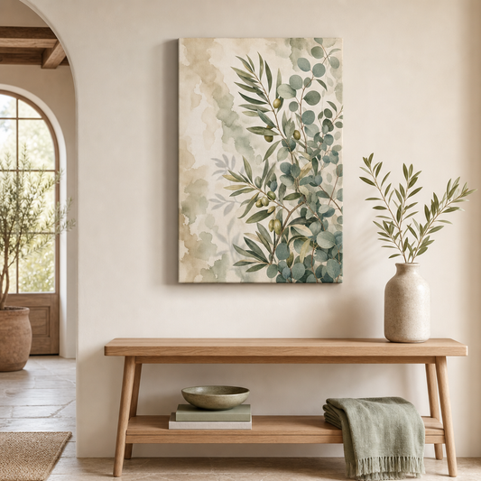 Olive eucalyptus botanical canvas wall art in living room