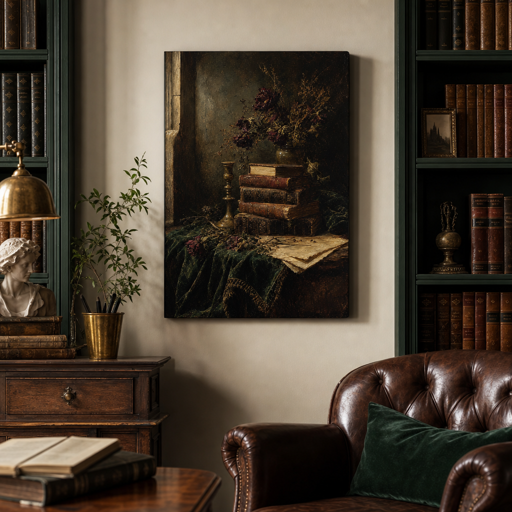 Dark Academia Library Still Life Canvas Wall Art – Draft - Library wall mockup