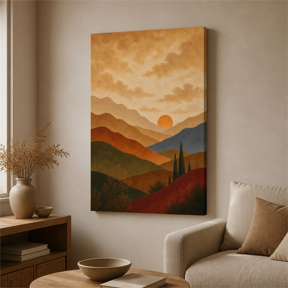 Earth tone warm neutral abstract canvas wall art in modern living room