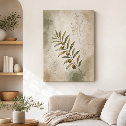 Olive Branch Botanical Line Art Canvas Wall Art - Living room wall mockup