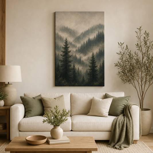 Misty forest landscape canvas wall art in living room