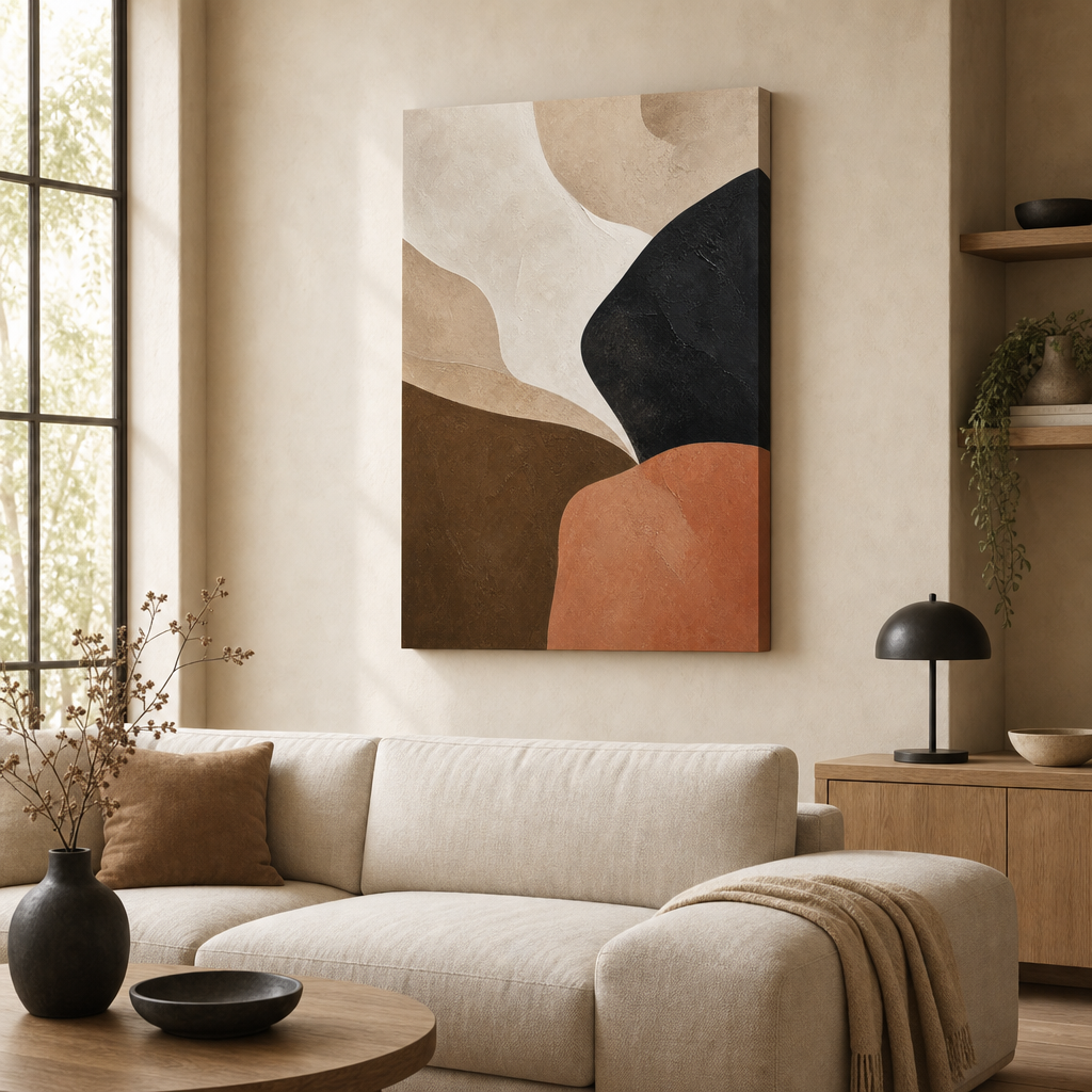 Beige Black Terracotta Abstract Canvas Wall Art – Draft - Living room wall mockup