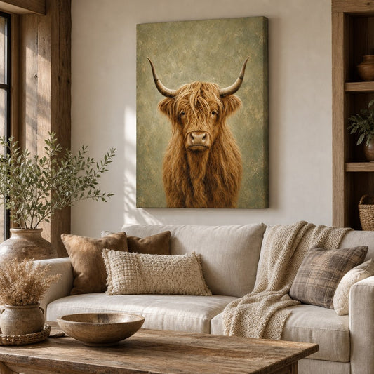 Highland Cow Rustic Canvas Wall Art living room wall mockup