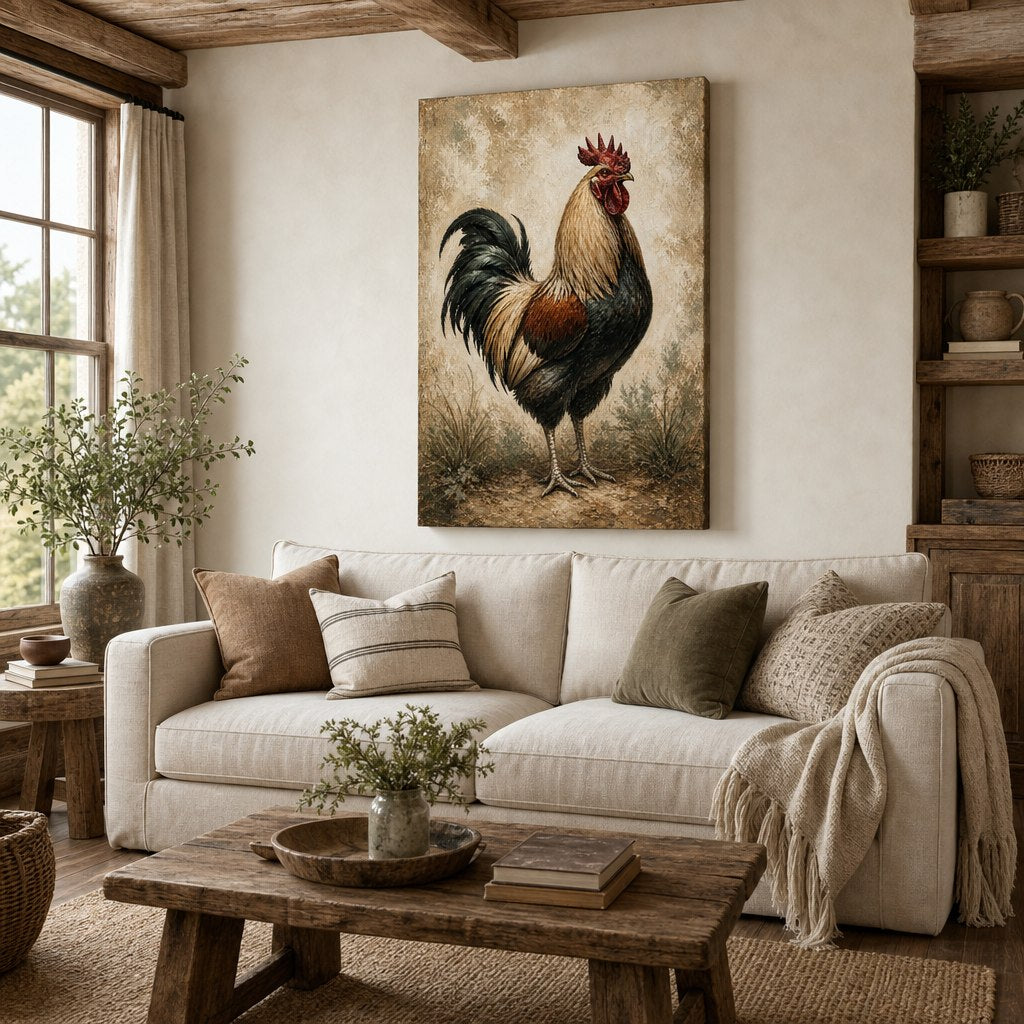 Rustic Rooster Farmhouse Canvas Wall Art living room wall mockup